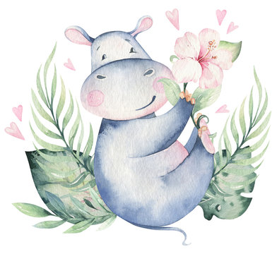 Hand drawn cute isolated tropical summer watercolor hippo animals. hippopotamus baby and mother cartoon animal illustrations, jungle tree, brazil trendy design. Aloha collection. © kris_art