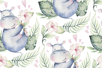 Hand drawn cute isolated tropical summer watercolor hippo animals seamless pattern. hippopotamus baby and mother cartoon animal illustrations, jungle tree, brazil trendy design. - obrazy, fototapety, plakaty