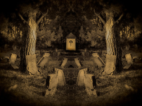 Ein Friedhof - Grabsteine zwischen alten Bäumen | Original Fotomontage Frank Xavier | alter Friedhof | Grabsteine zwischen alten Baumbestand