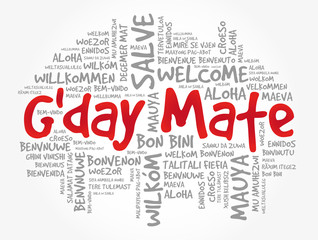 Fototapeta premium G'day Mate (Welcome in Australian) word cloud in different languages, conceptual background
