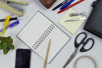 Set of office supplies for work with white background