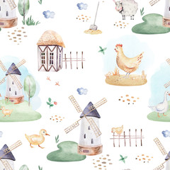 Watercolor seamless pattern with cute farm animals with goat, horse, goose and cow. chicken, sheep and pig domestic animal illustration. © kris_art