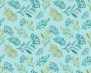 Tender watercolour floral seamless pattern with leaves and berries, hand-drawn. Can be used as print for textile, deco