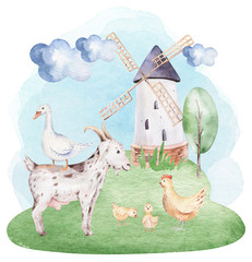 Naklejki  Farms animal set. Cute domestic farm pets watercolor illustration. horse. goose. pig. goat. chicken. sheep. cow