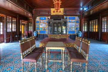 Fototapeta na wymiar Furniture old palace inside the Forbidden City in Hue, Vietnam