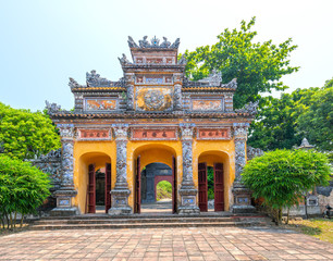 Fototapeta premium Colorful imperial city gate. This is lead into the forbidden city where the feudal king work Imperial Royal was in the 19th century in Hue, Vietnam