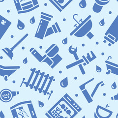 Plumbing service vector seamless pattern with flat silhouette icons of house bathroom equipment, faucet, toilet, washing machine, dishwasher. Plumber repair illustration, signs for handyman services