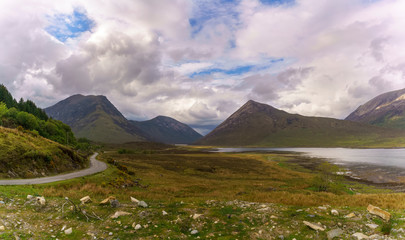 Fototapeta na wymiar Panoramic image of beautiful scenic route to Elgol village in summer, Scotland