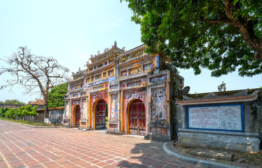 Fototapeta premium Colorful imperial city gate. This is lead into the forbidden city where the feudal king work Imperial Royal was in the 19th century in Hue, Vietnam