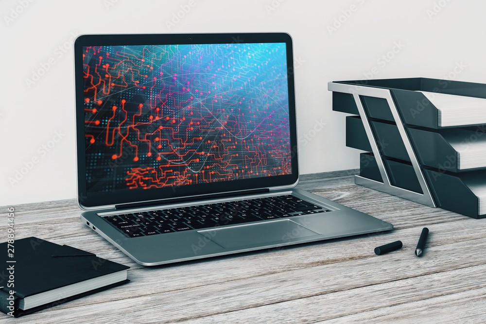 Fototapete laptop closeup with abstract tech drawing on computer screen. technology innovation concept. 3d rend