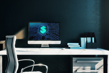 Desktop interior with computer, table and chair. Business drawing on screen. 3d rendering.