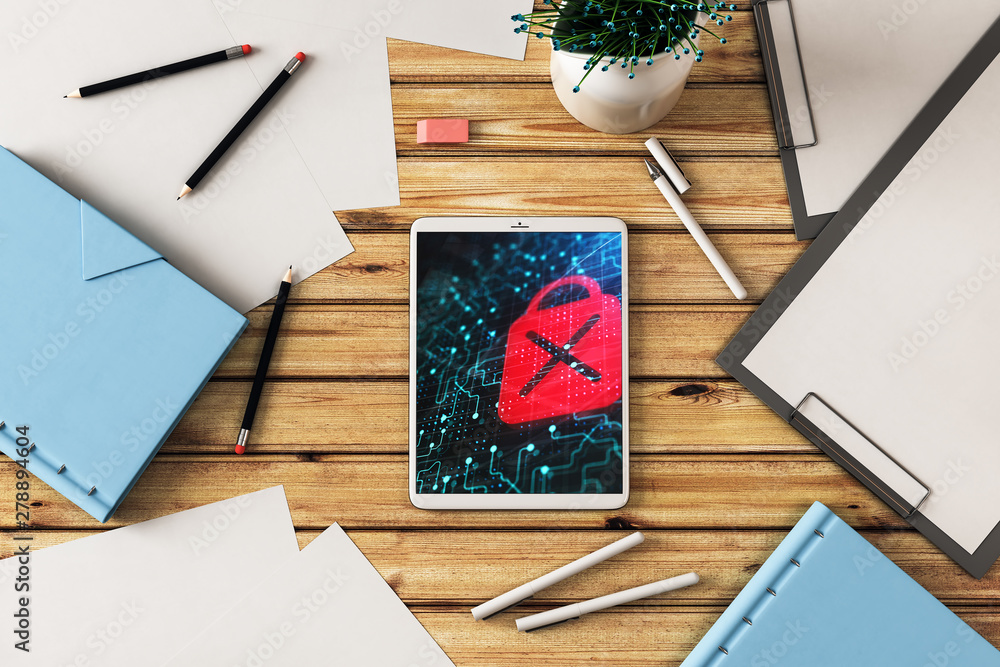Aufkleber digital tablet closeup with lock icon drawing on screen. data safety concept. 3d rendering.