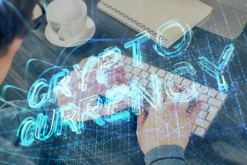 Blockchain theme hud with businessman working on computer on background. Concept of crypto chain. Multi exposure.