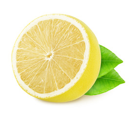 Half of white grapefruit with leaves isolated on white background.