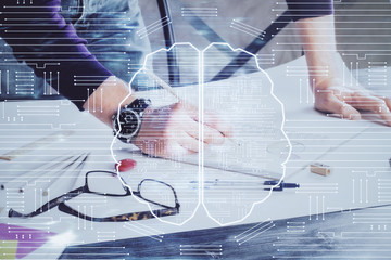 Man with multi exposure brain theme icons.