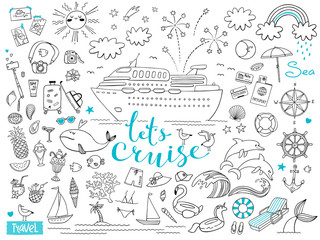 Graphic set of elements. Journey on a cruise ship. Package tour. Vector illustration on the theme of sea travel - 278895495
