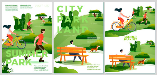 Vector summer posters set - natural parkland activities. Forests, trees and hills on background. Print template with place for your text.