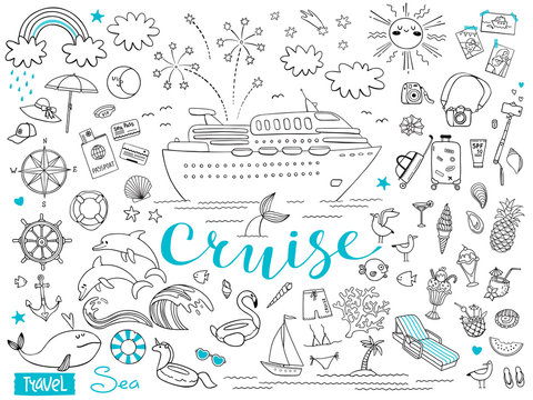 Graphic set of elements. Journey on a cruise ship. Package tour. Vector illustration on the theme of sea travel
