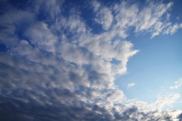 White and blue contrasting blue clouds in the sky.