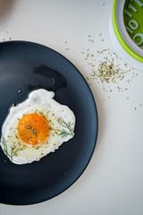 fried egg on plate with fork and knife