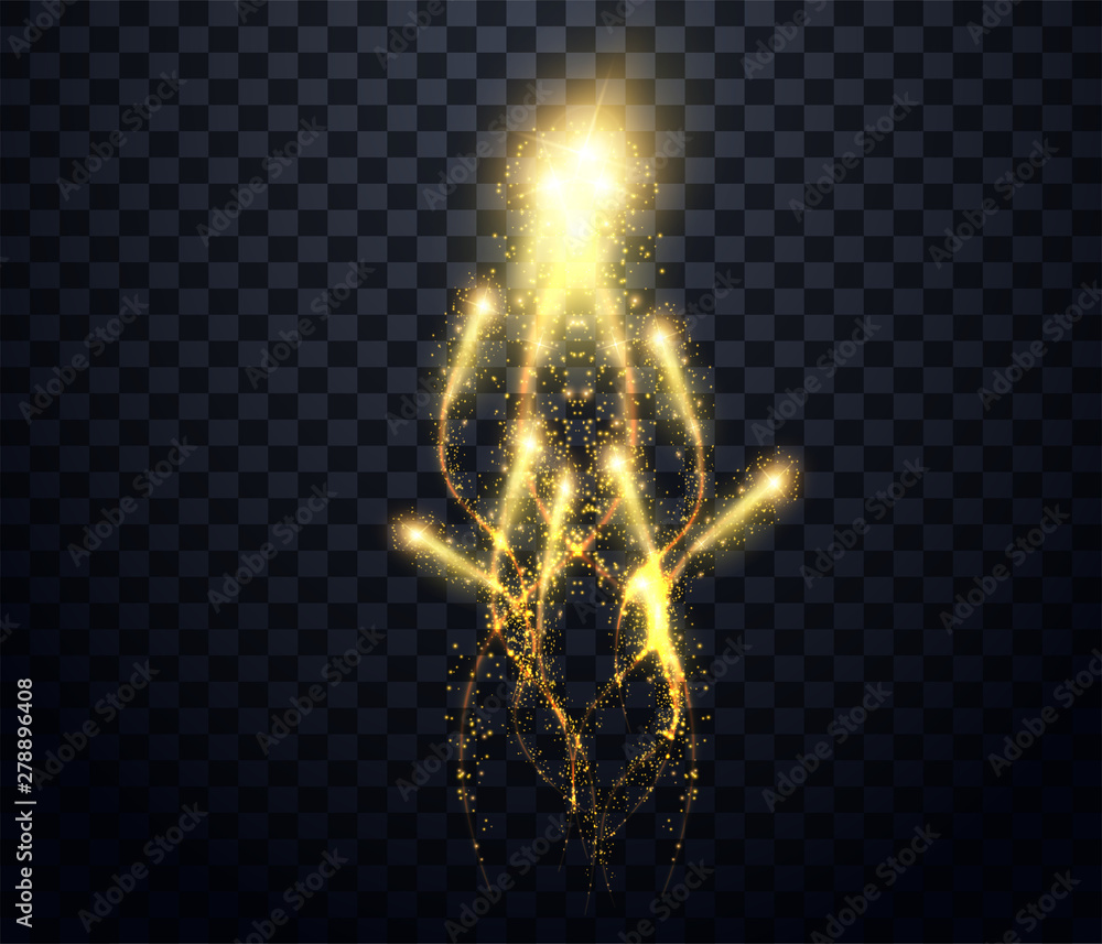 Poster gold festive fireworks.sparkling comets. holiday firework explosion in night, firecracker sparks. ex