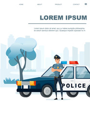 Cartoon design police car and police officer stay on parkland flat vector illustration on white background website page design advertising banner