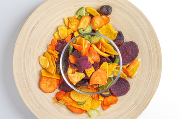 Healthy vegetable chips yellow sweet potato purple sweet potato carrot green radish green beans and...