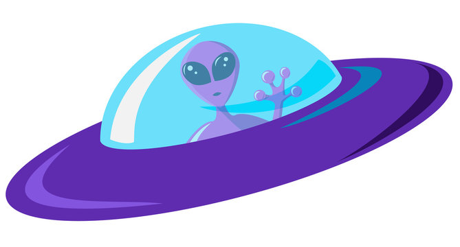 Flat design purple alien spaceship with blue glass. Pink martian with huge eyes is sitting in a ship and waving a greeting. Vector illustration of a spacecraft isolated in white background