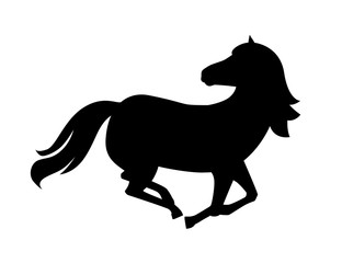 Fototapeta na wymiar Black silhouette horse wild or domestic animal running with head looks back cartoon design flat vector illustration isolated on white background