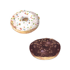 Set of beautiful sweets drawn by hand. Donuts with white icing and multicolored sprinkling.