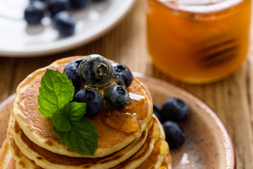 Morning meal, homemade pancakes, fresh summer berries
