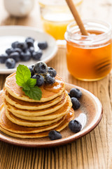 Morning meal, homemade pancakes, fresh summer berries