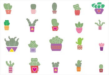 There are many cute cactus on the White background.Each cactus is on many styles of pots.The pots are different colors and patterns Cactus card,isolates,vector and illustration design.
