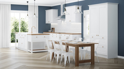 Modern house interior. Interior with white kitchen. 3D rendering.