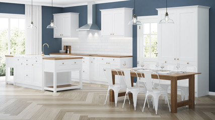 Modern house interior. Interior with white kitchen. 3D rendering.