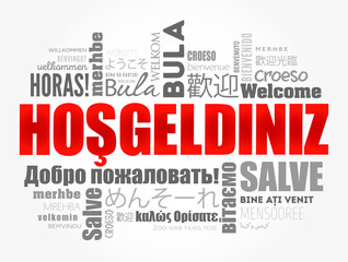 Hosgeldiniz (Welcome in Turkish) word cloud in different languages, conceptual background