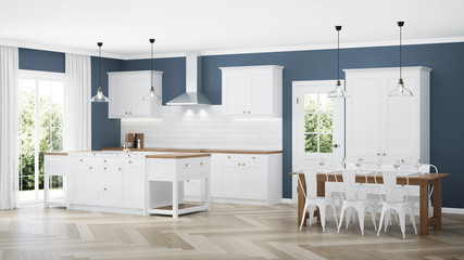 Modern house interior. Interior with white kitchen. 3D rendering.