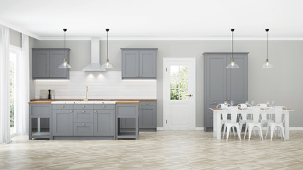 Modern house interior. Interior with gray kitchen. 3D rendering.