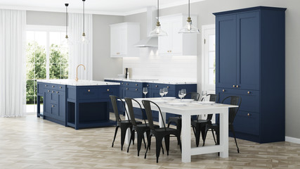 Modern house interior. Interior with blue kitchen. 3D rendering.