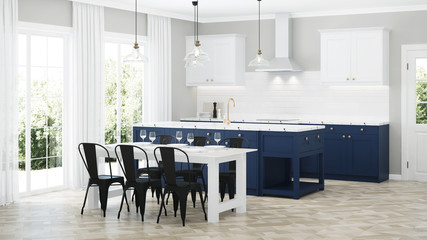 Modern house interior. Interior with blue kitchen. 3D rendering.