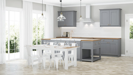 Modern house interior. Interior with gray kitchen. 3D rendering.