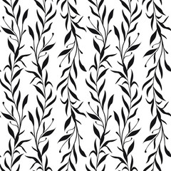 Vector seamless pattern with vertical branches with leaves. Simple design for fabrics, wallpapers, textiles, web design. Isolated on white. 