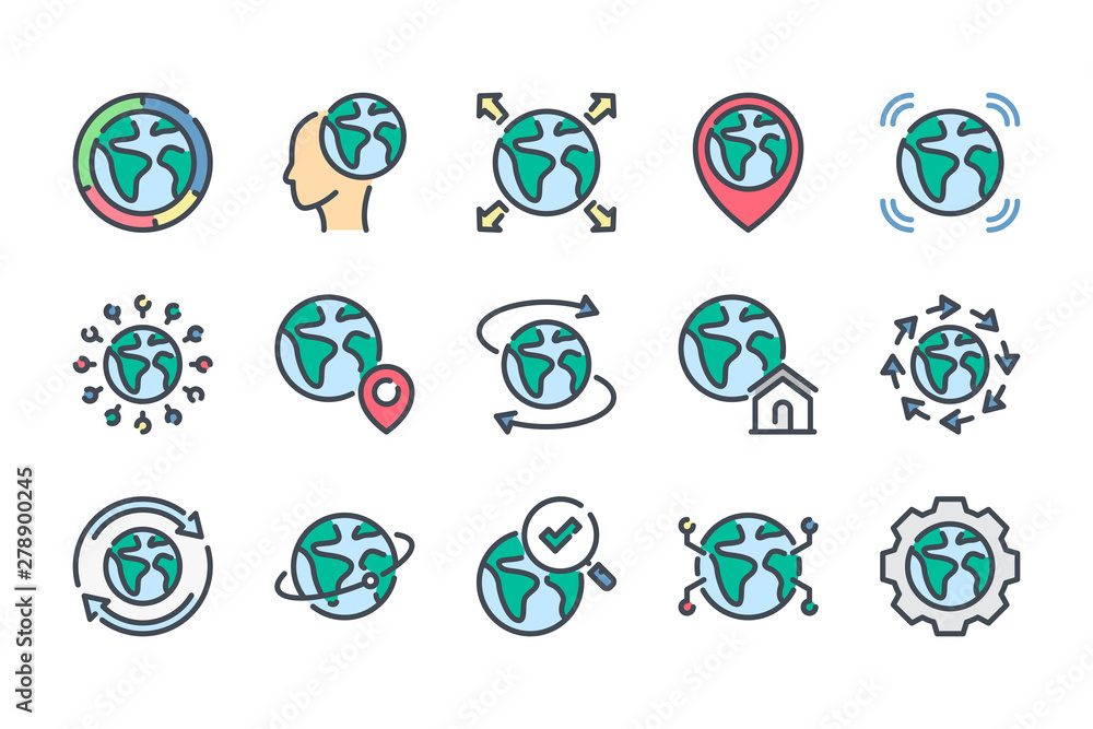 Poster planet earth related color line icon set. globe colorful linear icons. earth flat color outline vect