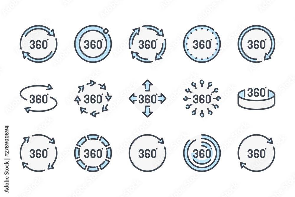 Poster 360 degree related color line icon set. 360 view colorful linear icons. panorama view flat color out