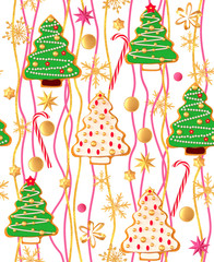 Seamless pattern. Christmas holiday theme, New Year, gingerbread, painted glaze gingerbread, golden snowflakes, Christmas tree shape, glitter, candy, 3d rendering.