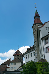 view of the historic half-timbered medieval castle in the city of Frauenfeld