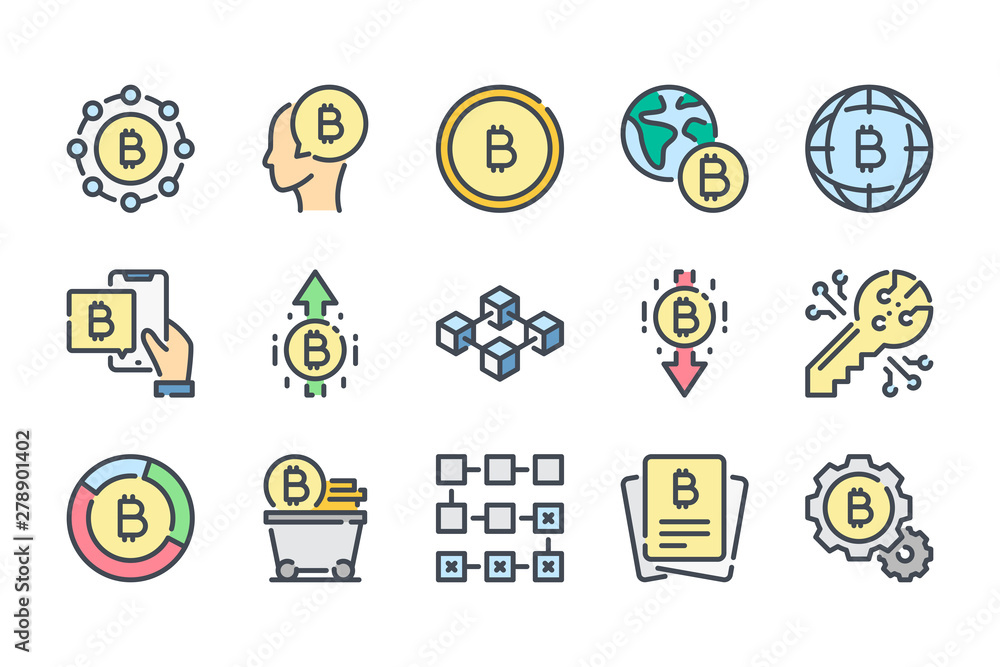 Poster bitcoin related color line icon set. cryptocurrency colorful linear icons. crypto money flat color o