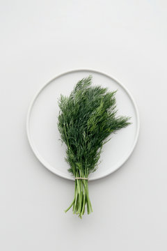 A tied together bunch of fresh herbs dill on a white plate waiting to season a good fish dish.