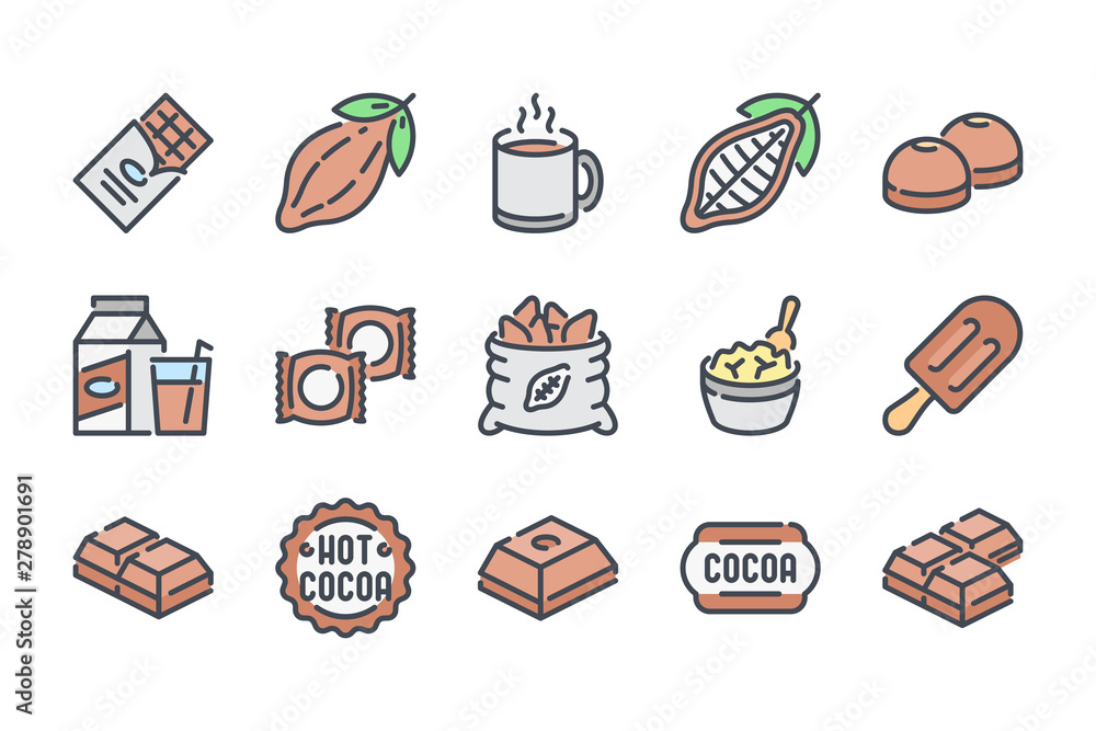 Aufkleber chocolate related color line icon set. cocoa industry colorful linear icons. cacao flat color outlin