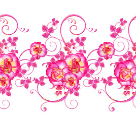 Violet, pink flowers with a paisley element, delicate curls, bright leaves, inflorescences of berries. Floral seamless pattern.